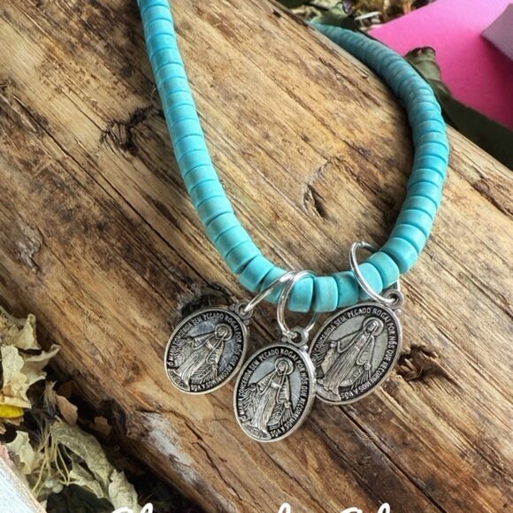 Alquimia Jewelry - Turquoise silver virgin Mary medals necklace